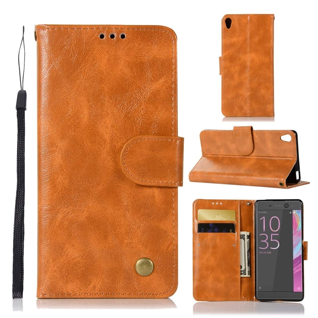 Sony Xperia XA1 Retro PU Leather Flip Phone Case with Card Slots, Wallet & Lanyard - Horizontal Flip Design, Crazy Horse Texture, Copper Button (Wine Red/Gold Yellow) - Perfect for Daily Use, Travel & Hands-Free Convenience