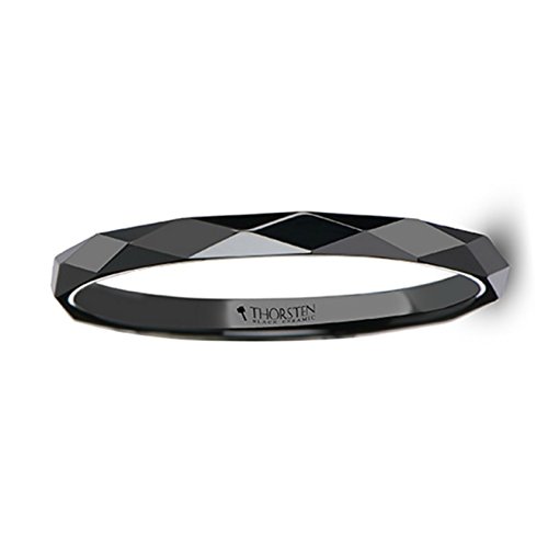 DAVINA 2mm Black Ceramic Wedding Band for Women - Polished Diamond Faceted Ring, Personalized Inside Engraving | Perfect for Anniversaries, Engagements & Everyday Elegance