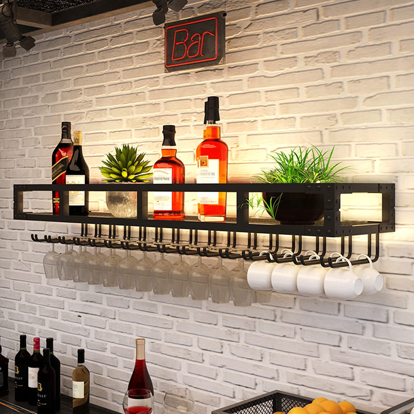 Black Wall Mounted Wine Rack with Glass Holder - Modern Home Bar & Kitchen Decor for Dining Room, Wine Storage Shelf - Perfect for Wine Enthusiasts & Entertaining Guests