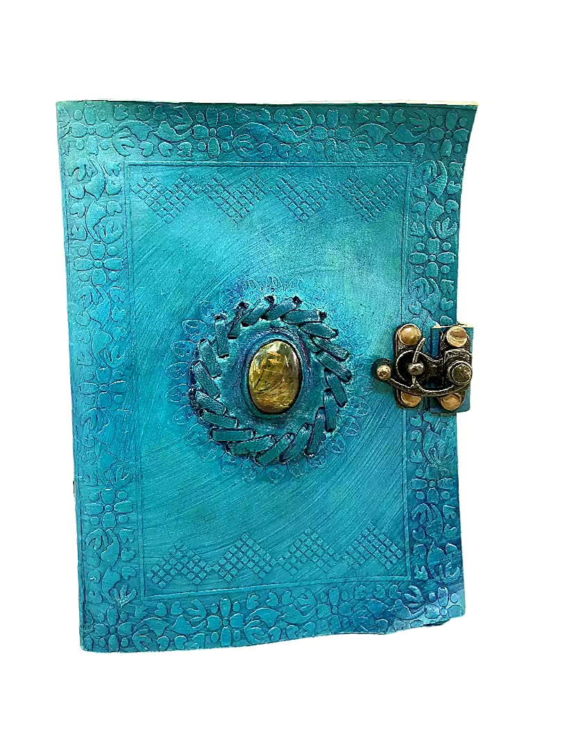 Handmade Leather Journal - 5 x 7 Inch Unlined Blank Book Grimoire, Book of Shadows & Spell Book with Turquoise Tiger Eye Cover | Perfect for Wiccan Rituals, Witchcraft, Journaling & Gift Giving