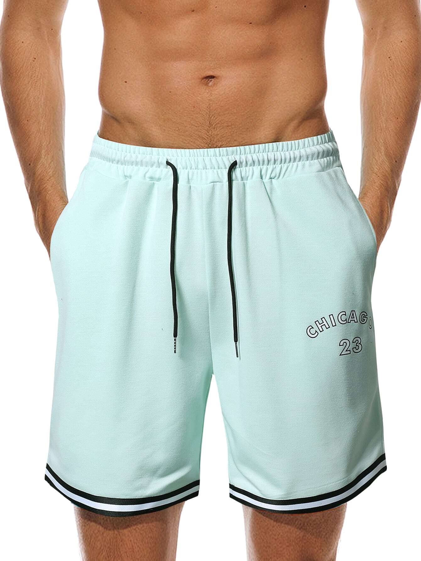 Men's Casual Letter Print Drawstring Waist Shorts - Summer Beach Shorts for Men, Mint Green, Size L - Perfect for Outdoor Activities, Travel & Vacation Wear