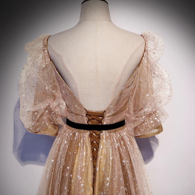 Elegant Gold Evening Formal Dress with Mid Sleeves - Sparkly Long Prom Gown for Women - Perfect for Prom, Homecoming, and Special Occasions