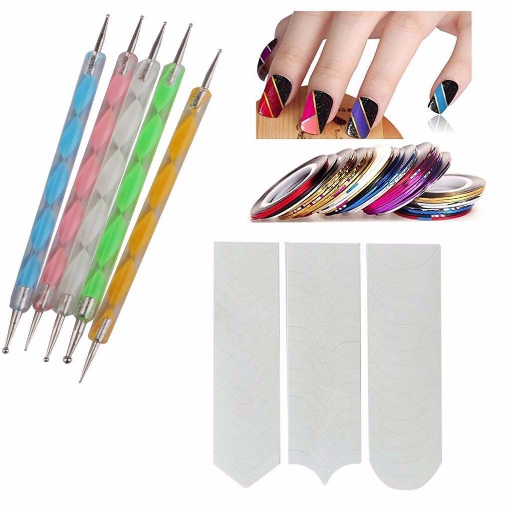 FOK 5-Piece Nail Art Pen Set with 10 Stripping Roll Tapes & French Manicure Tip Stickers - Professional Nail Design Kit for DIY Manicures, Salon Use & Home Nail Art Projects