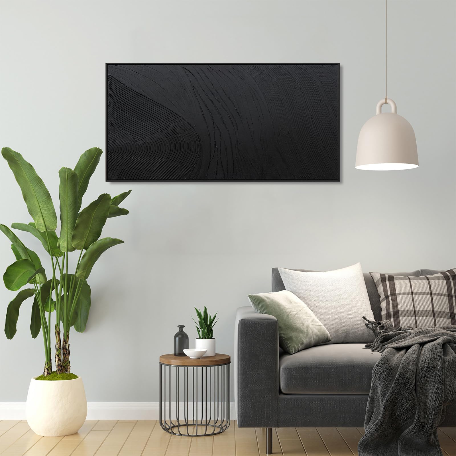 Modern Abstract Black Framed Canvas Wall Art - Hand Painted Line Texture Painting (20x40 Inches) - Ready to Hang for Living Room, Bedroom & Home Office Decor | Contemporary Wall Decor for Modern Interiors