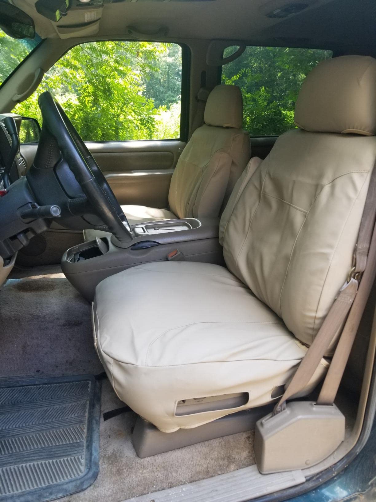 Premium Beige Leatherette Seat Covers for Chevy Suburban, Tahoe & GMC Yukon - Electric Driver Side & Lumbar Support - Perfect for Road Trips & Family Adventures