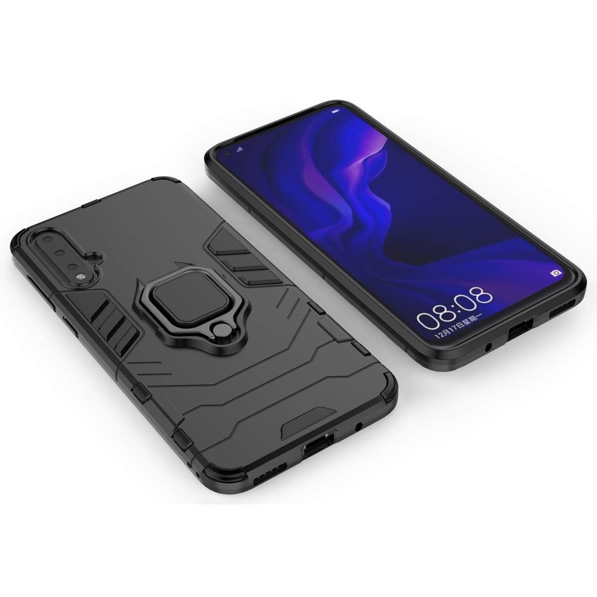 LuluMain Huawei Nova 5/Nova 5 Pro Case with Metal Ring & Kickstand - Shockproof Hard Bumper Phone Cover Compatible with Magnetic Car Mount - Dual Layer Rugged Protection (Black) - Perfect for Work, Travel & Outdoor Activities