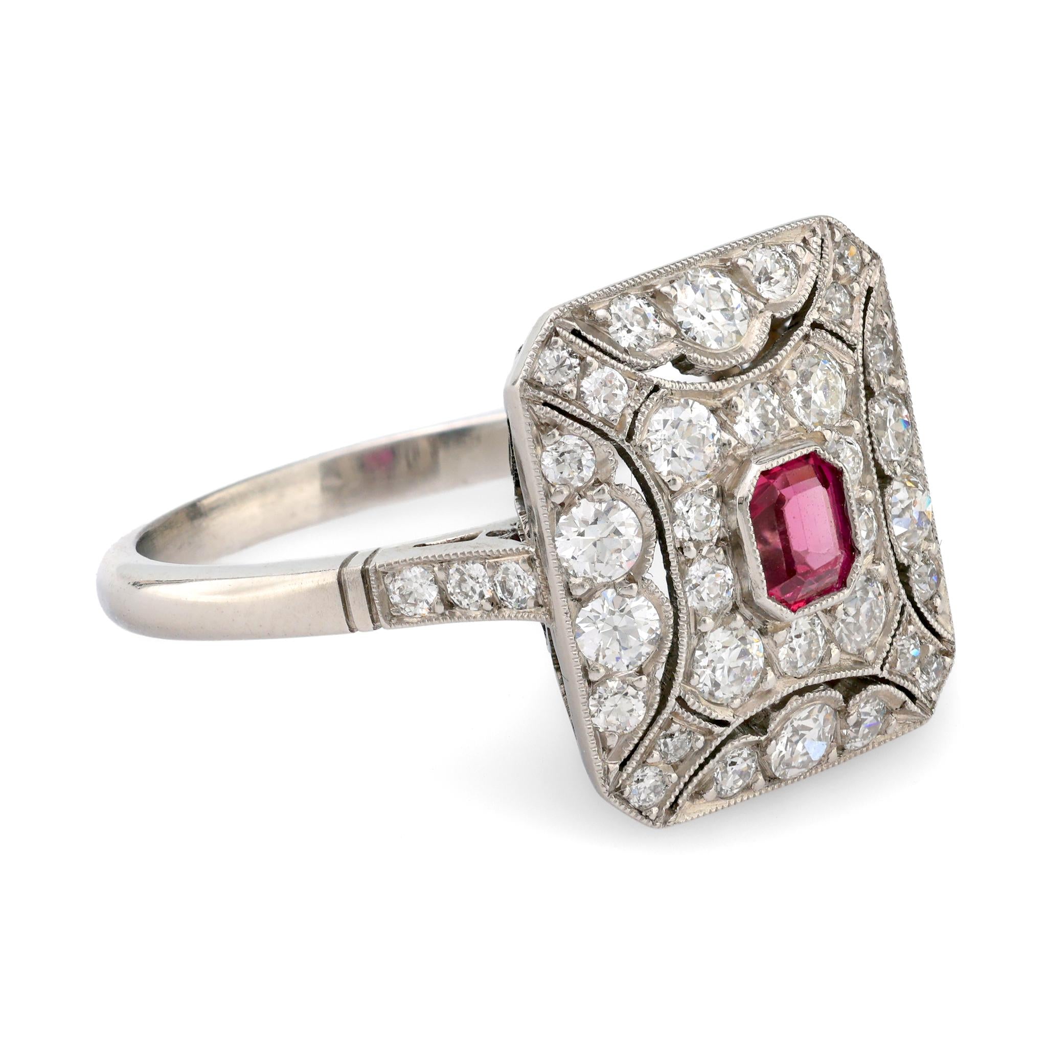 Art Deco Inspired Ruby Diamond Platinum Square Ring for Women - Vintage Style Engagement, Wedding, Anniversary Jewelry Gift