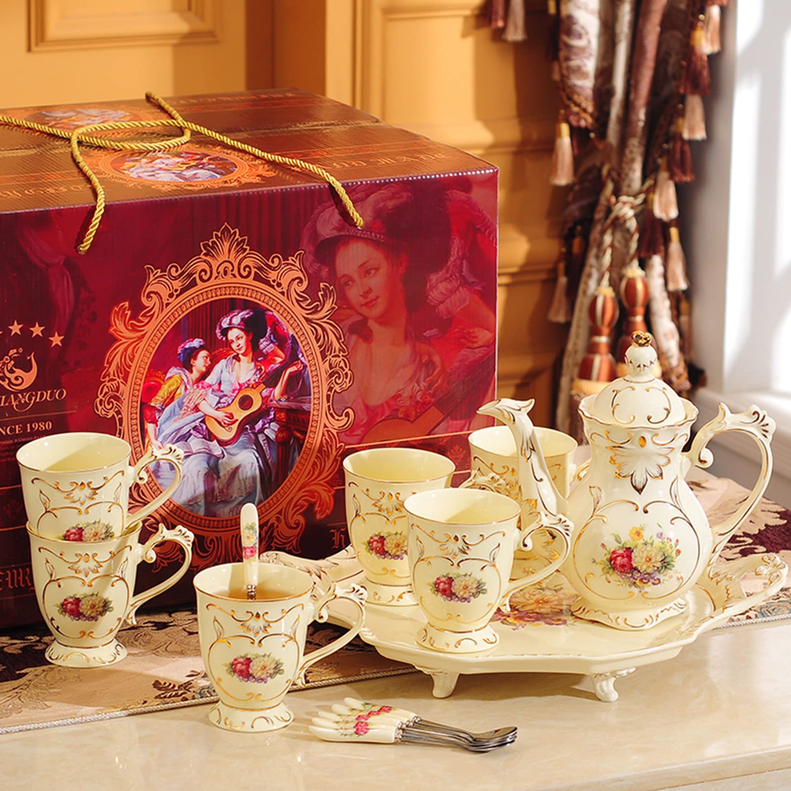 8-Piece Floral Porcelain Tea Set with Teapot, Cups, Saucers & Teaspoons - Gold Trim Hibiscus Design, Elegant China Ceramic for Afternoon Tea, Bridal Shower & Housewarming Gifts (Gift Box Included)