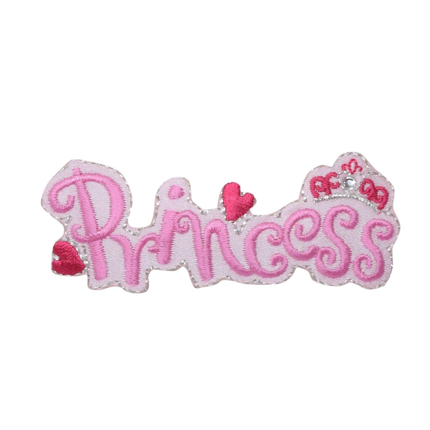 Pink Princess Iron On Patch with Hearts and Crown Embroidery - Perfect for DIY Clothing, Backpacks, and Costume Accessories
