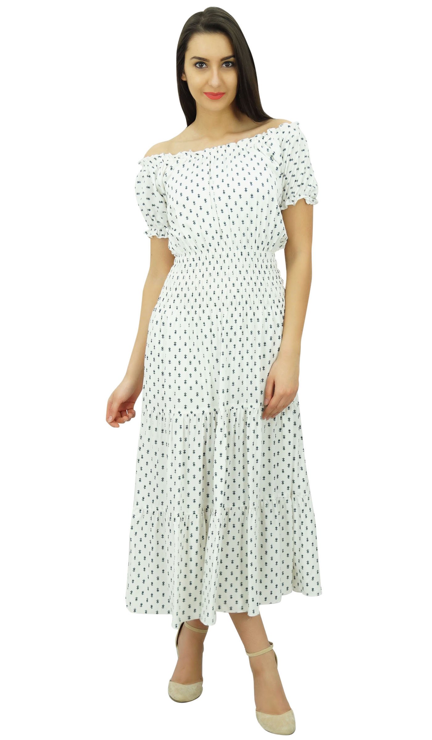 Bimba Women's Printed Off Shoulder Party Dress with Smocked Waist - Flared Maxi Dress for Weddings, Cocktail Parties & Summer Vacations