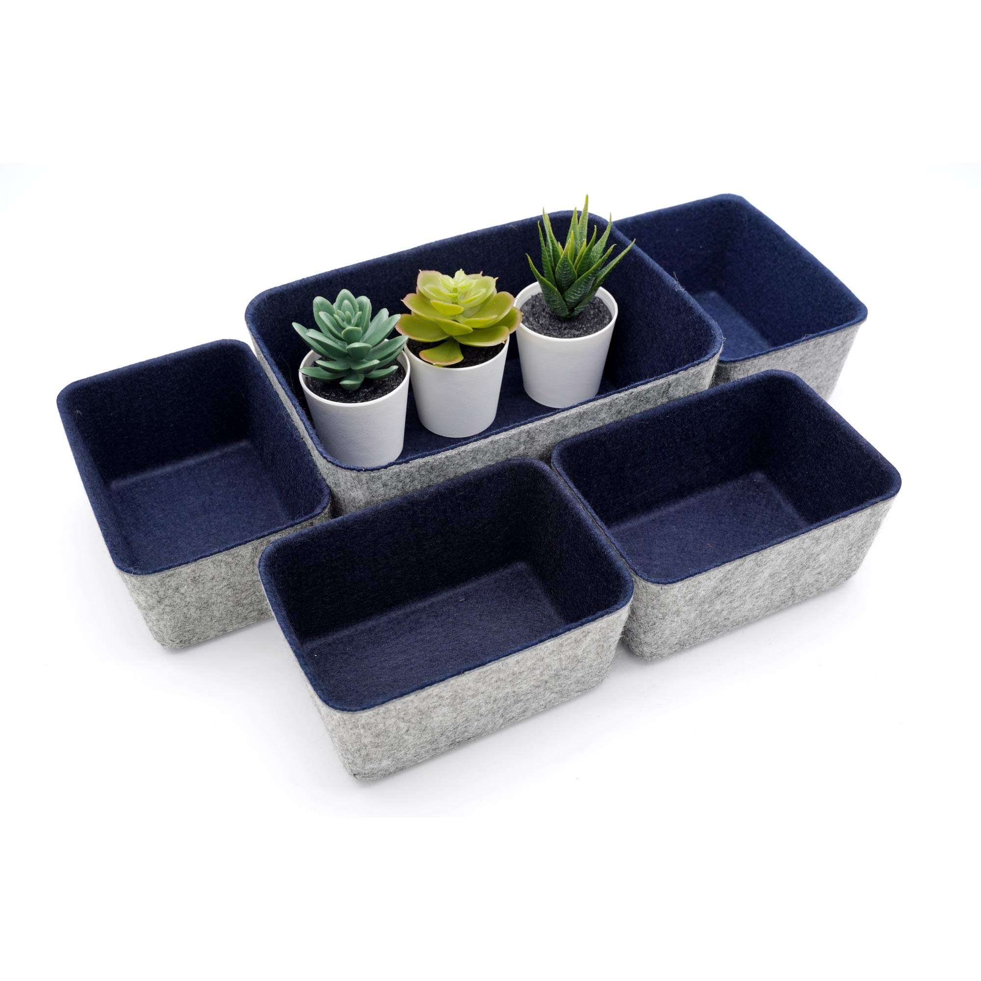 Welaxy Office Drawer Organizers - 5 Pack Deep Felt Storage Bins & Drawer Dividers for Desk, Home, or Office Organization (Navy Blue) - Perfect for Organizing Pens, Paper Clips, and Office Supplies
