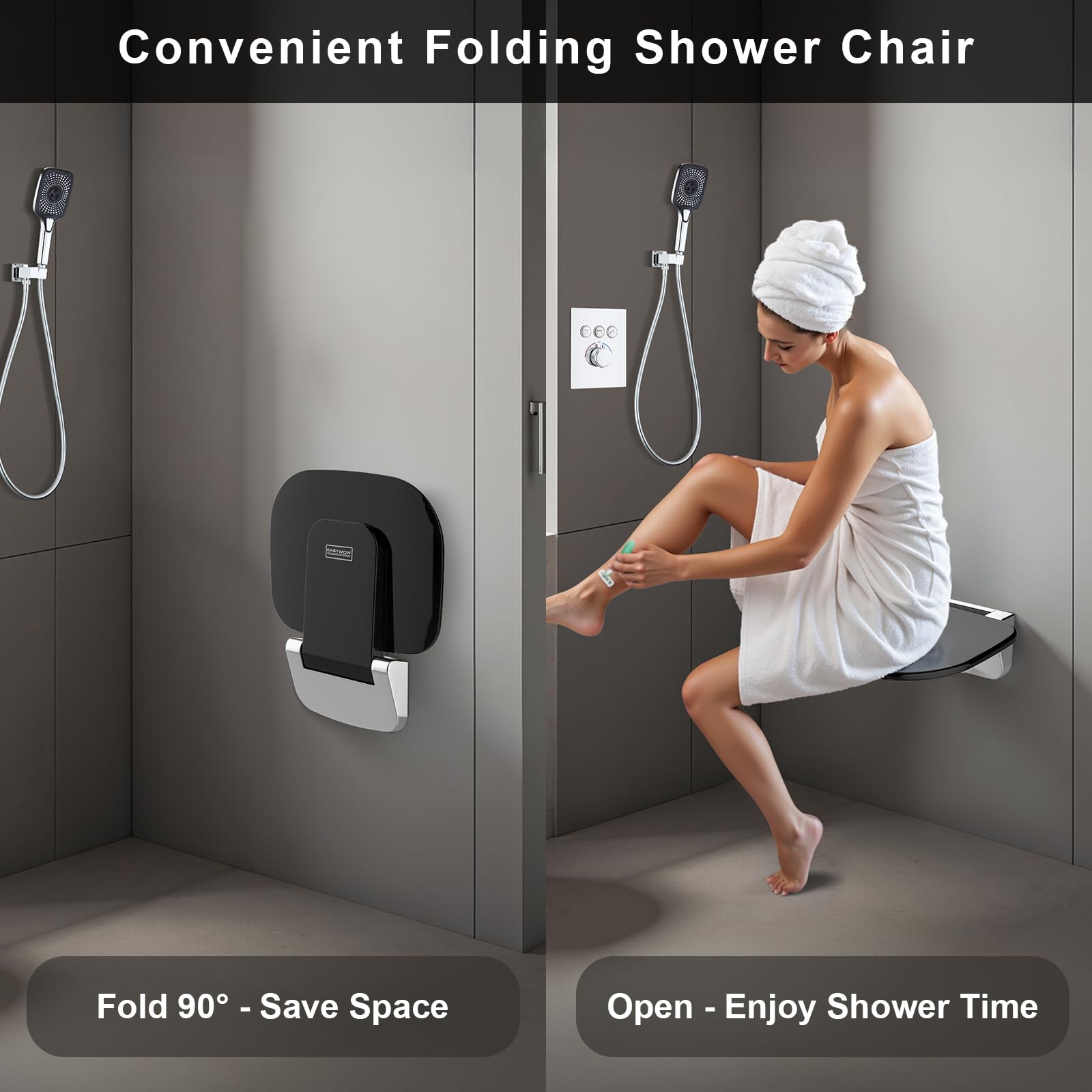 Foldable Wall Mounted Shower Chair - 400 LB Capacity Folding Shower Seat for Elderly, Adults & Disabled - Space Saving Fold Down Bath Bench (Black) - Ideal for Small Bathrooms & Accessible Showers