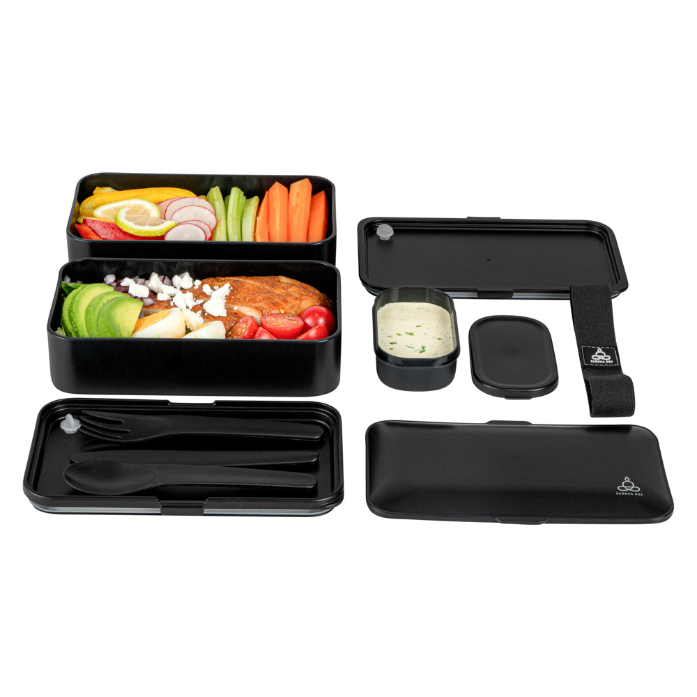 Bento Tek 41 oz Black Buddha Box - All-in-One Lunch Container with Utensils & Sauce Cup (7.25