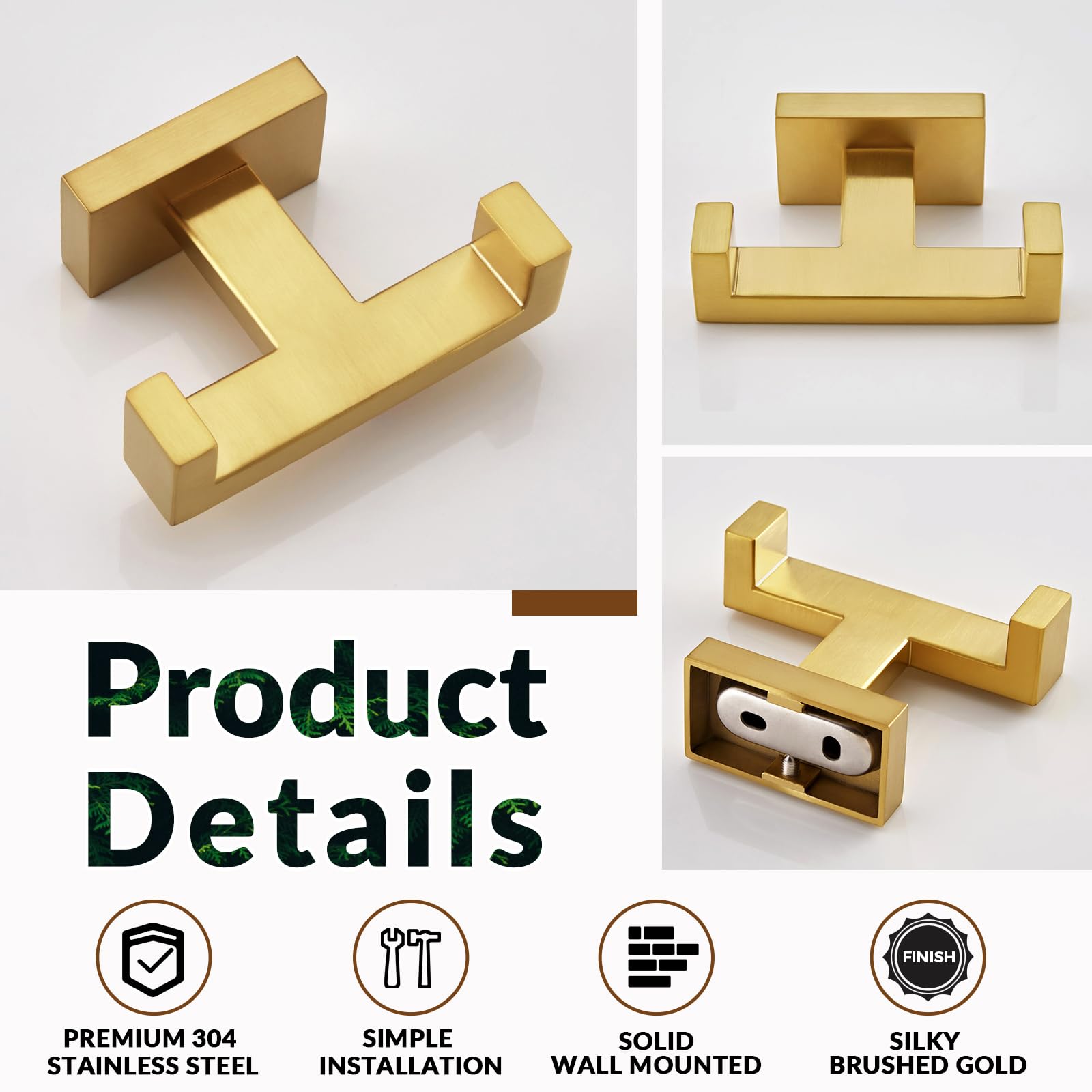APLusee Brushed Gold Double Robe Hook - 304 Stainless Steel Bathroom Towel Holder & Wall Hanger for Kitchen, Toilet, Cabinet - Perfect for Hanging Robes, Towels and Clothes in Bathrooms & Kitchens