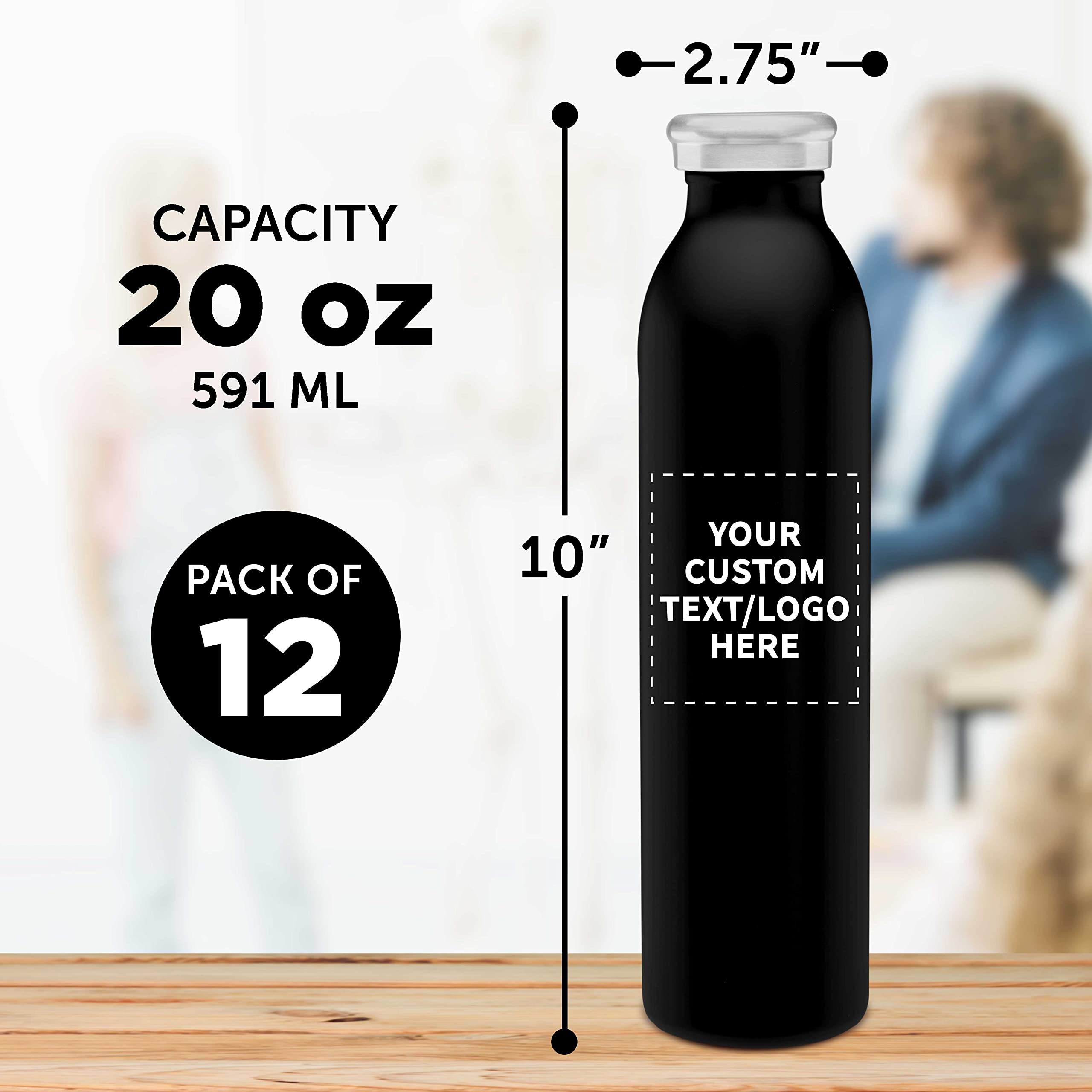 Custom Stainless Steel Water Bottles 20 oz (Set of 12) - Double Wall Vacuum Insulated, Personalized Bulk Pack for Hot & Cold Beverages - Black - Perfect for Office, Gym, Hiking and Outdoor Activities