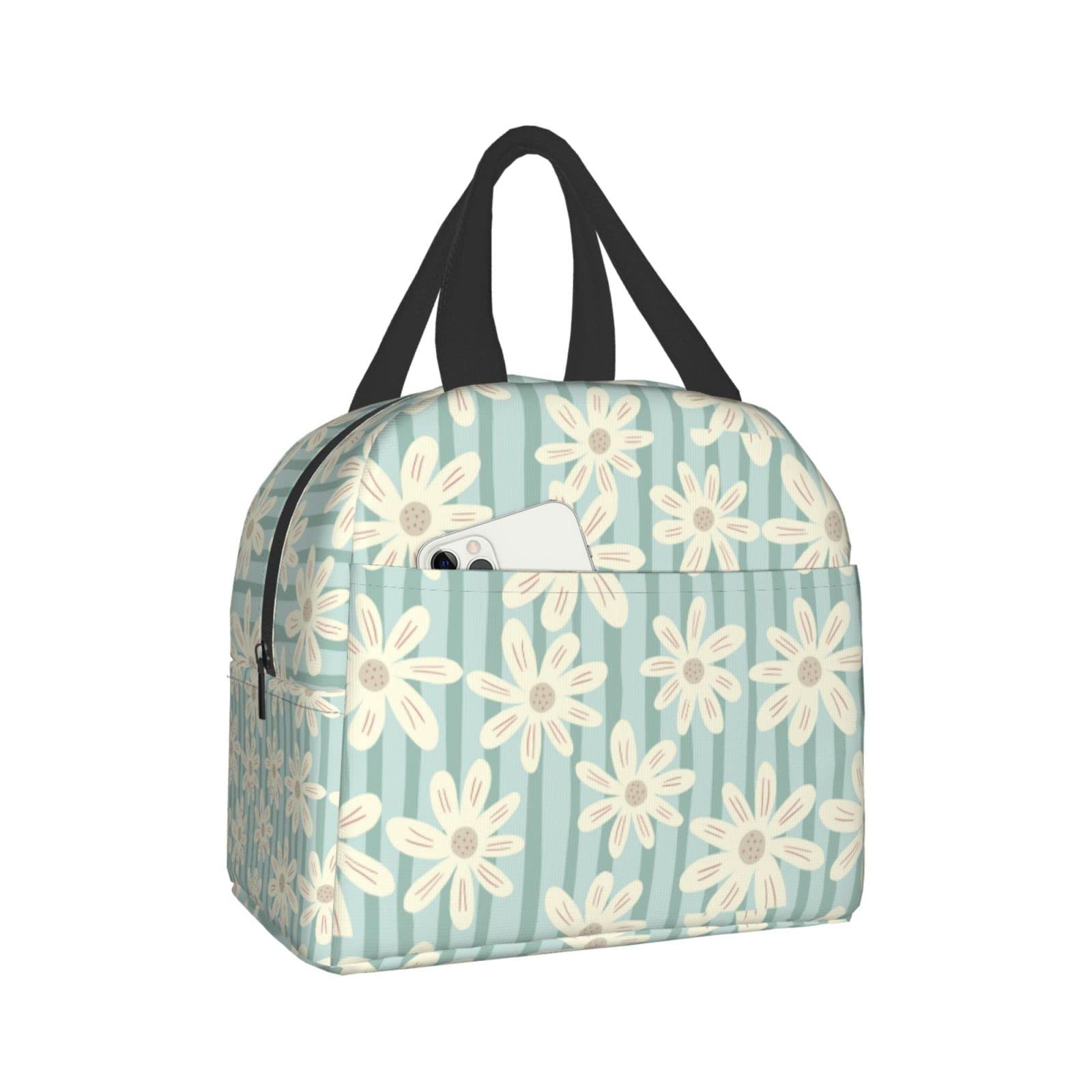 Insulated Lunch Box with Daisy Flower Stripe Design - Reusable & Portable Meal Container for Men & Women - Perfect for Work, Travel, Picnic & Outdoor Activities