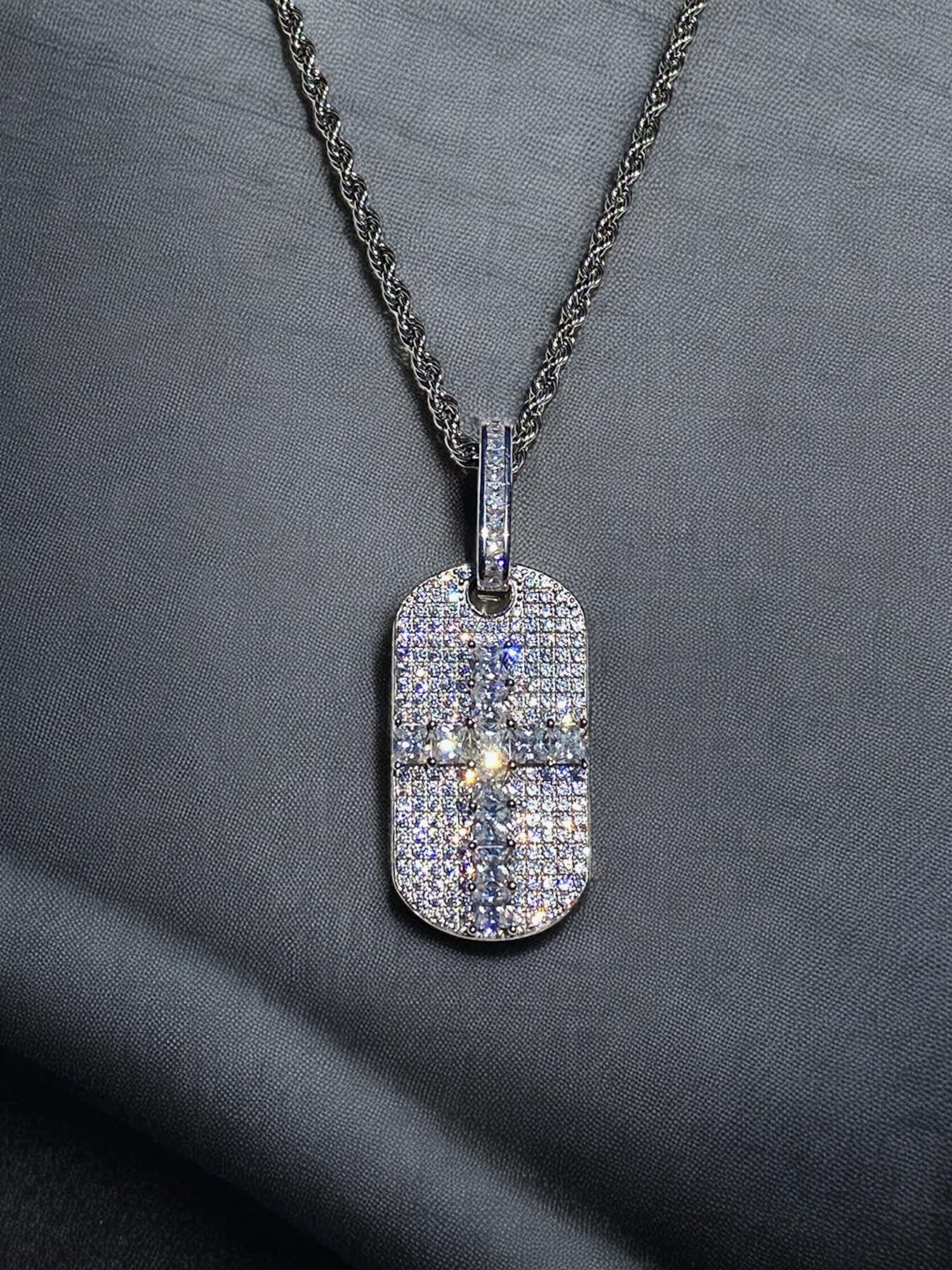 925 Sterling Silver Iced Out Dog Tag Pendant Necklace for Men & Women - 2mm Stainless Steel Rope Chain (16
