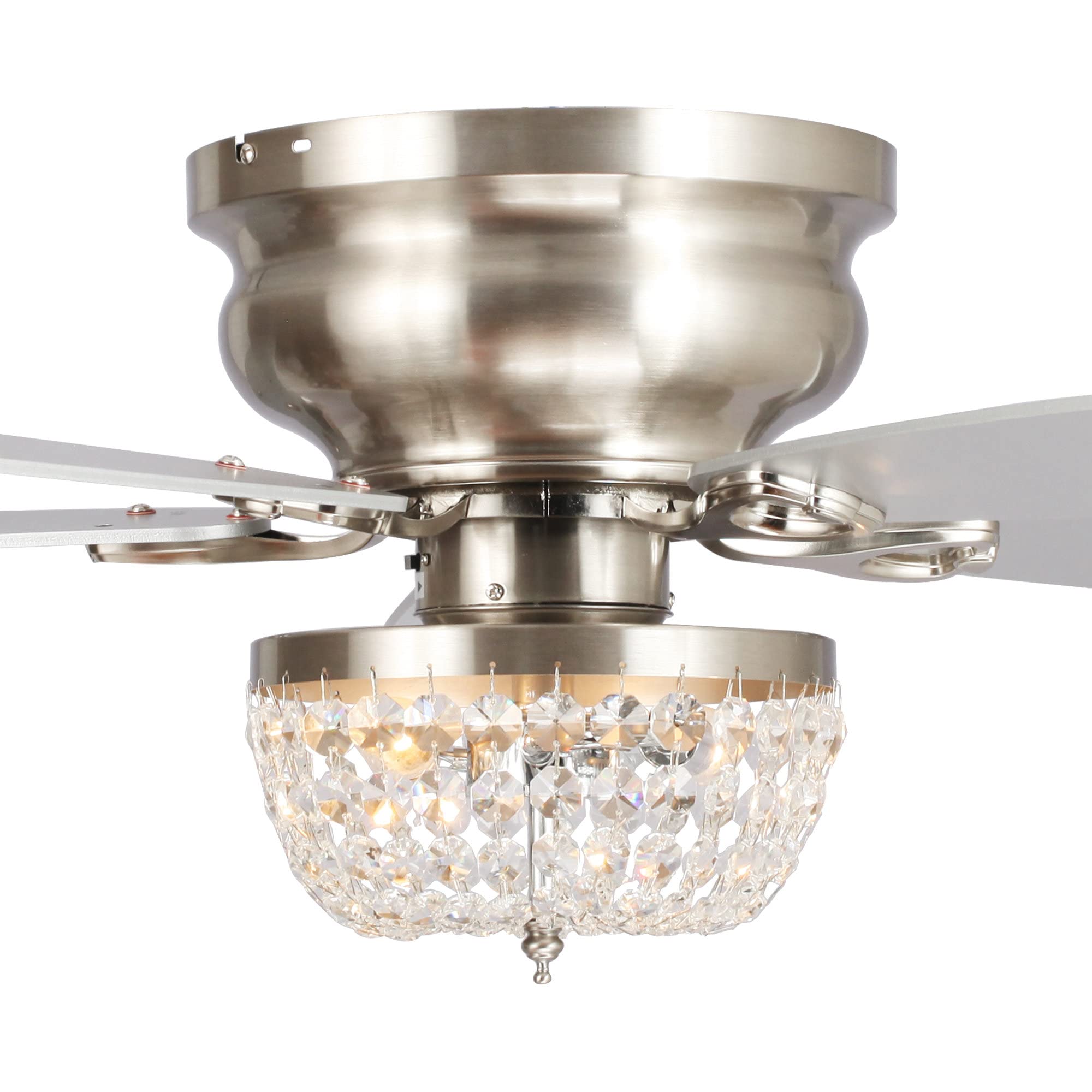 Parrot Uncle 48 Inch Brushed Nickel Flush Mount Ceiling Fan with Light and Remote Control - Low Profile Chandelier Style for Bedroom, Living Room, and Office - Energy Efficient Quiet Operation for Year-Round Comfort