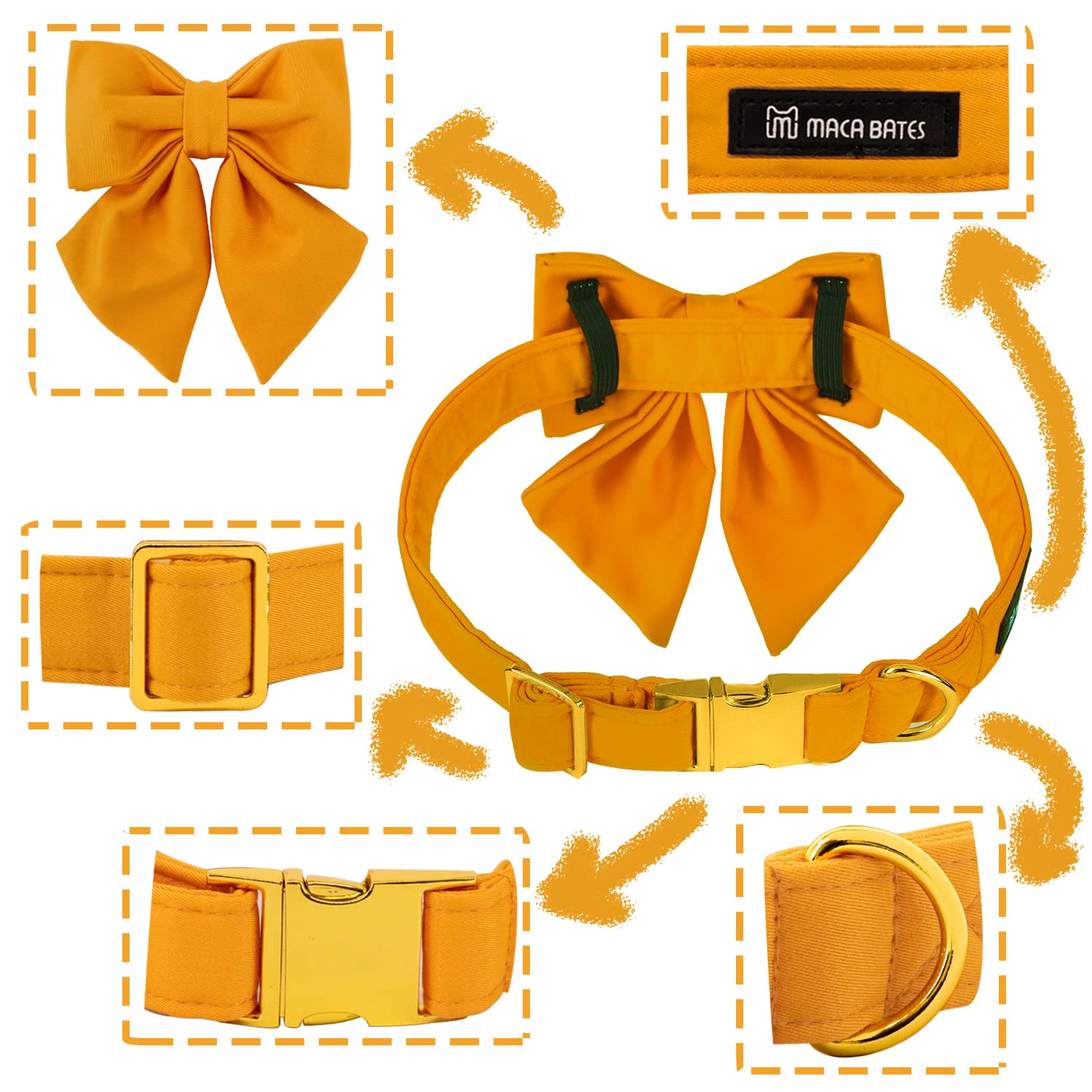 Premium Adjustable Breakaway Dog Collar with Bow Tie - Solid Colors (Yellow) for Small, Medium, Large & XL Dogs - Golden Metal Buckle - Perfect for Birthdays, Parties & Special Occasions