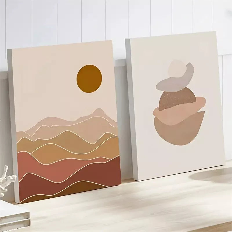 2-Piece Set Beige Abstract Geometric Scenery Framed Wall Art Canvas - 50x75cm High Quality Print | 100% Australian Made | Ready to Hang | Perfect for Living Room, Bedroom & Office Decor