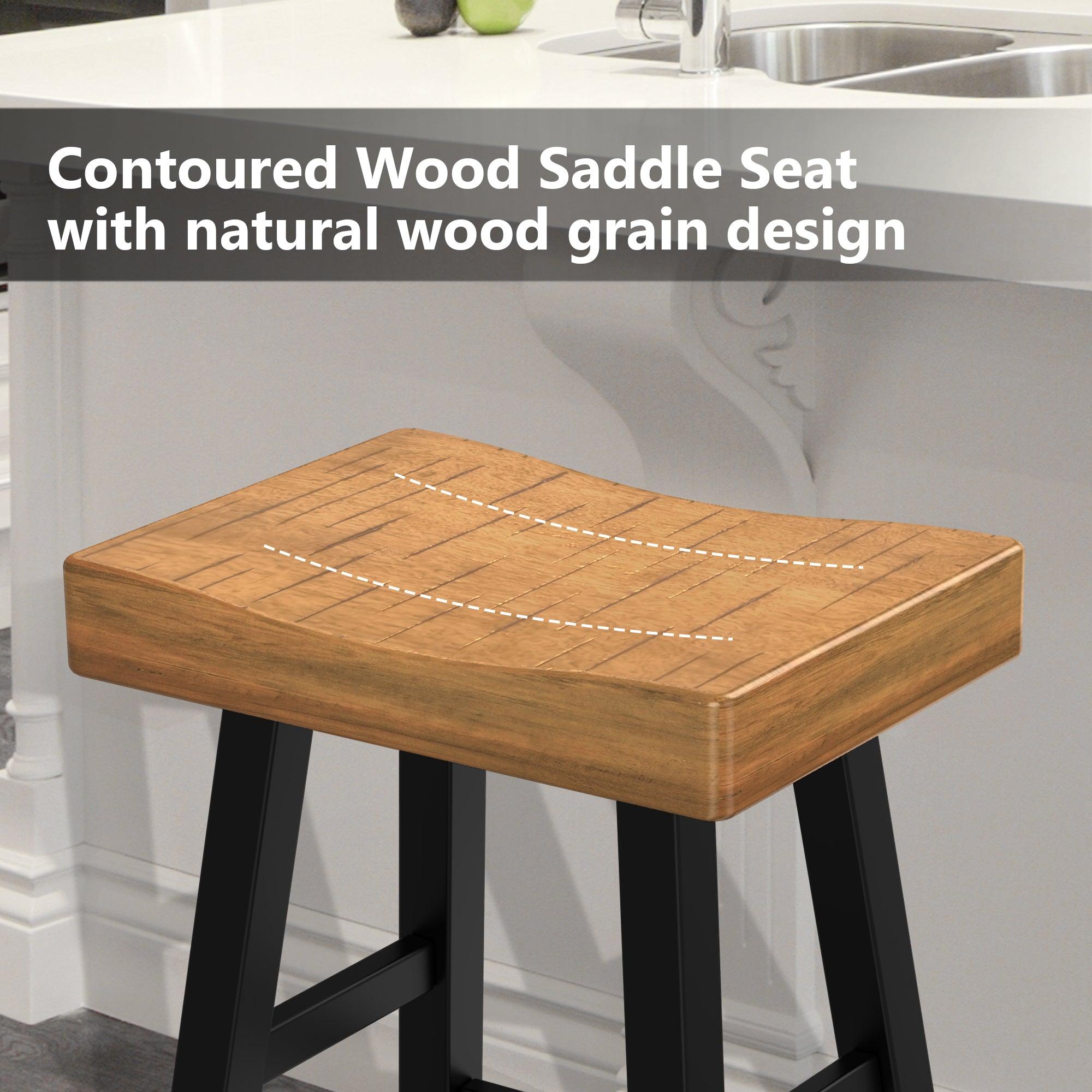 Set of 2 Farmhouse Solid Wood Bar Stools - Backless Saddle Seat Counter Height Chairs for Kitchen Island, Breakfast Nook & Home Office - Perfect for Rustic Decor, Dining & Small Space Living