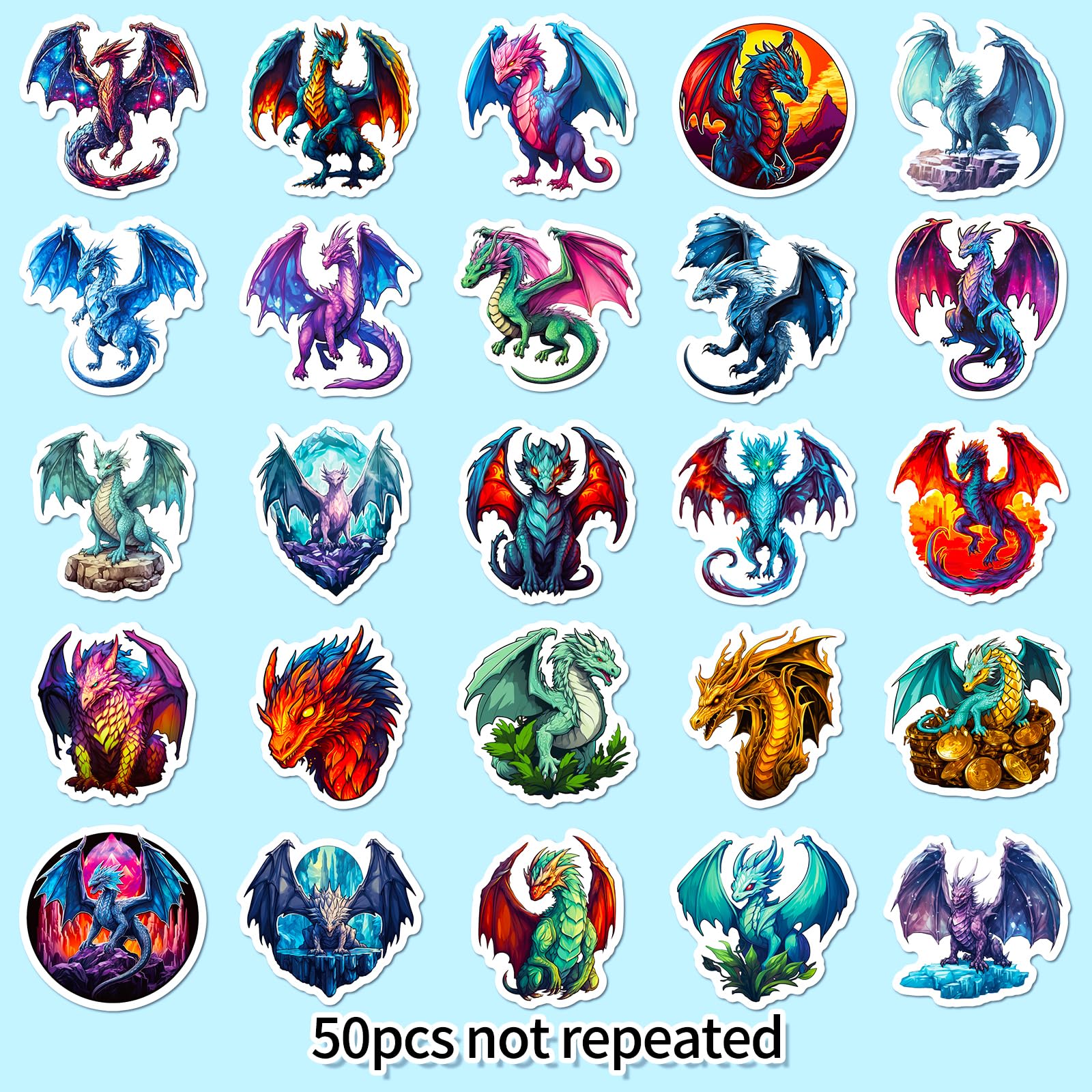50 PCS Dragon Stickers for Kids Teens Adults - Waterproof Vinyl Decals for Water Bottles, Laptops, Luggage & Guitar - Fantasy Party Favors, DIY Crafts & Room Decor