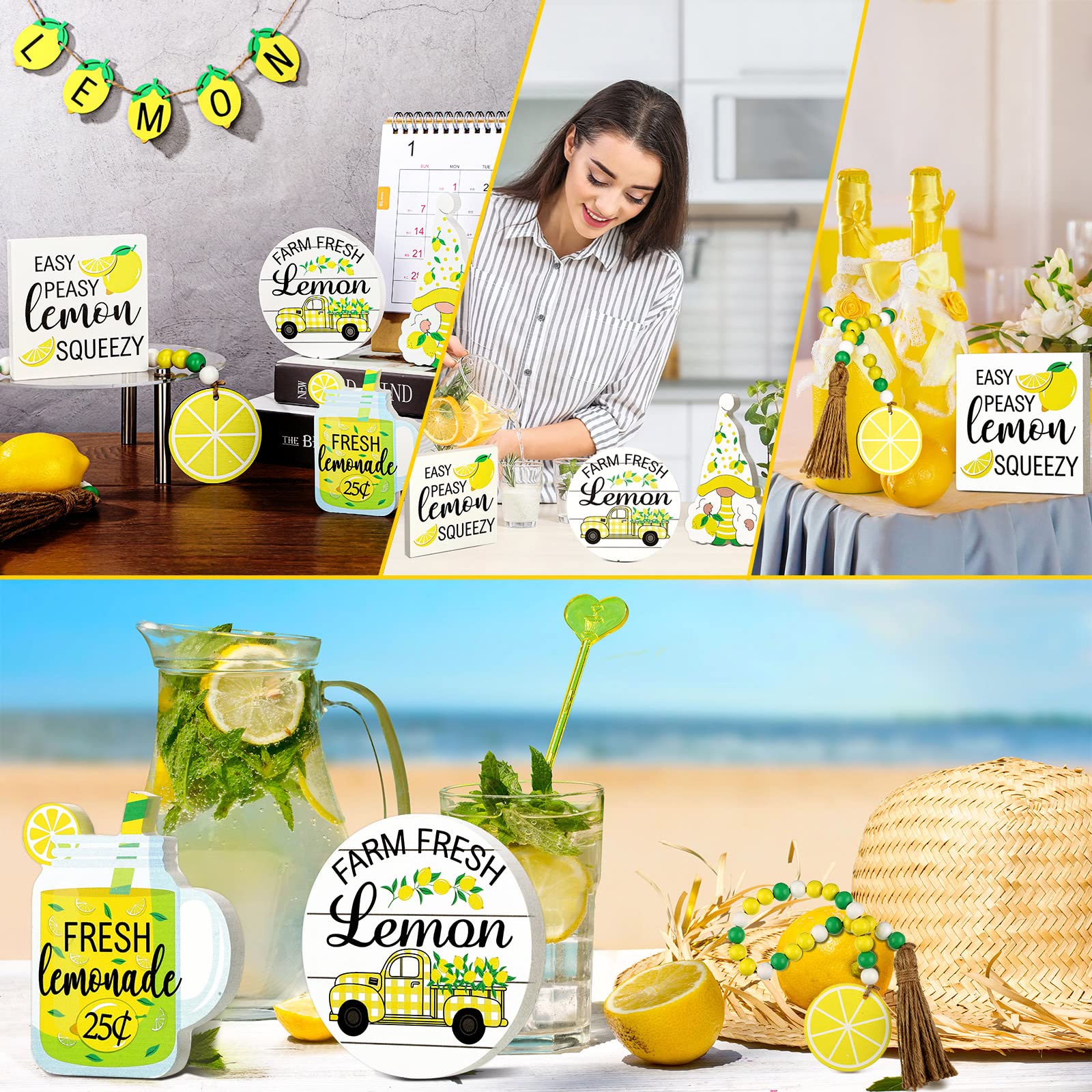 10 Pcs Summer Farmhouse Wood Tiered Tray Decor Set - Lemon Watermelon Strawberry Sunflower Kitchen Standing Sign with Bead Garland Banner for Home, Party, Wedding & Seasonal Decor (Lemon Theme) - Perfect for Kitchen Counter, Dining Table, Mantel & Entryway Display