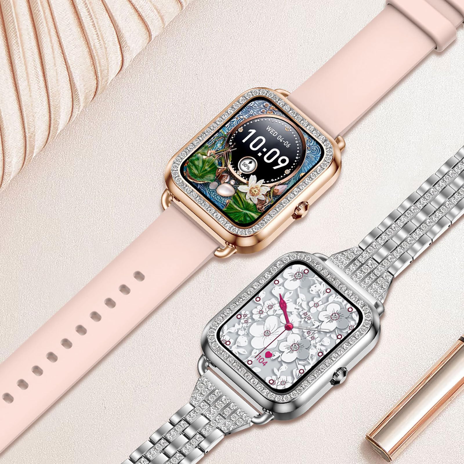 Yihou Women's Smart Watch for Android & iOS - Make Calls, Fitness Tracker with Heart Rate, Blood Pressure & Sleep Monitor, Diamond Design Elegant Pink Smartwatch - Perfect for Workouts, Office & Daily Wear