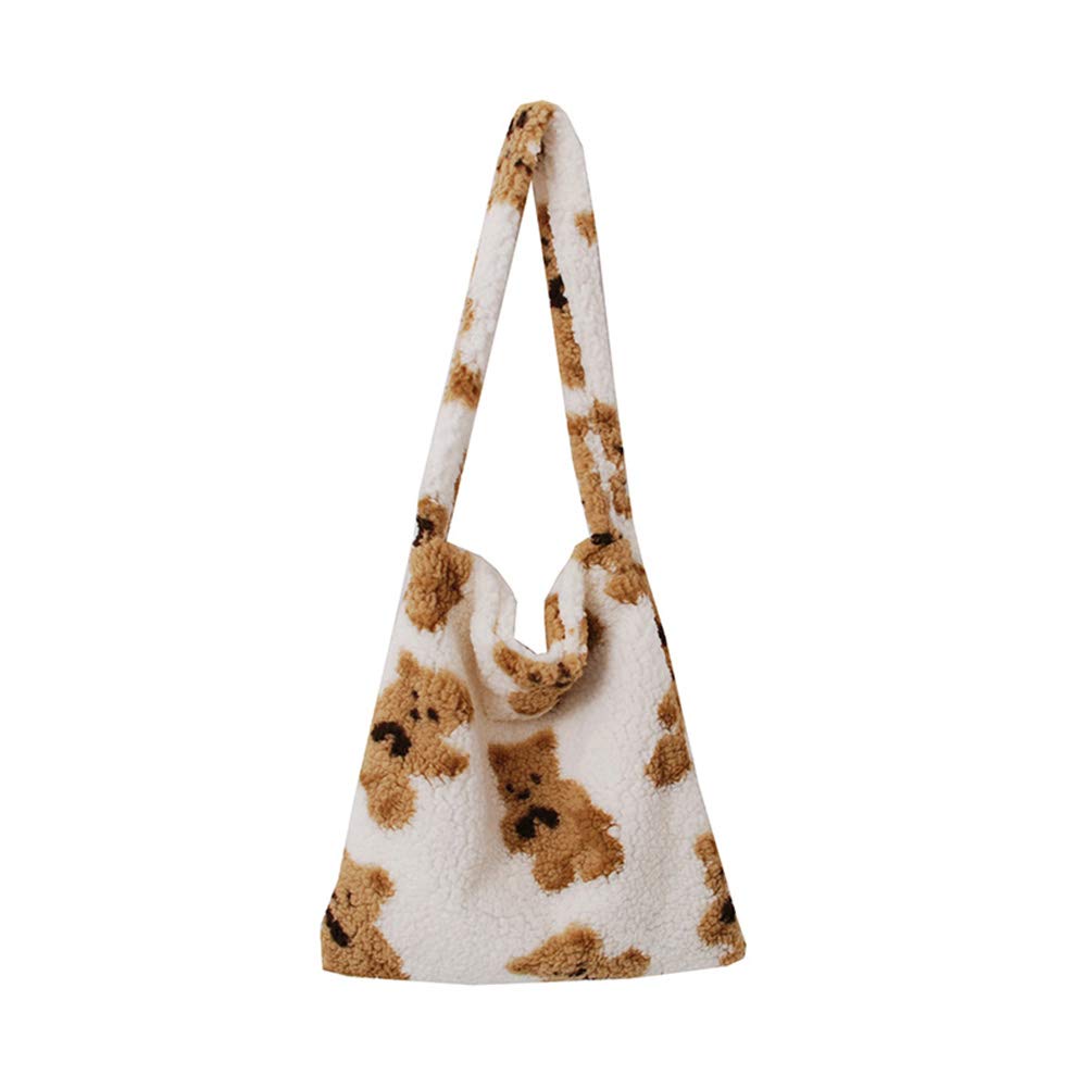 Women's Soft Plush Lamb-Like Fabric Tote Bag with Bear Print - Cute Aesthetic Fluffy Y2K Shoulder Purse for School, Work & Casual Outings