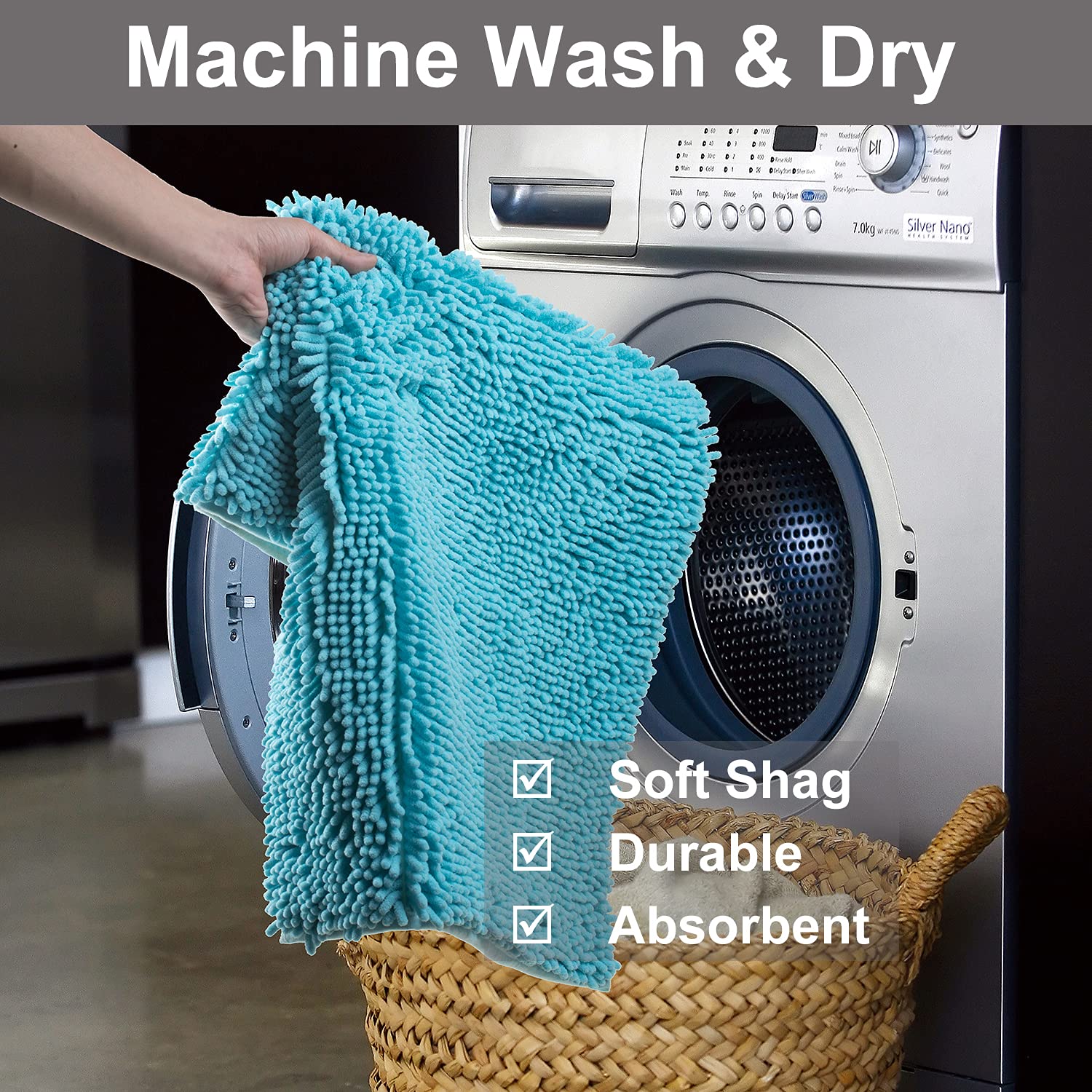 VAGAU 2-Piece Chenille Bathroom Rugs Set - Ultra Soft, Extra Thick & Absorbent Non-Slip Bath Mats for Shower, Tub & Bathroom Floor - Machine Washable Plush Bath Rugs (SPA Blue) - Perfect for Spa-Like Comfort & Bathroom Safety
