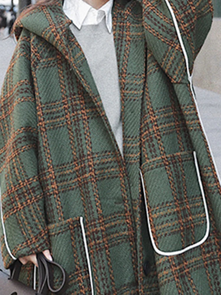 Women's Oversized Long Wool Blend Trench Coat with Hood - Warm Plaid Patchwork Design for Autumn Winter | Korean Fashion Runway Style | Perfect for Casual Outings, Office Wear & Cold Weather