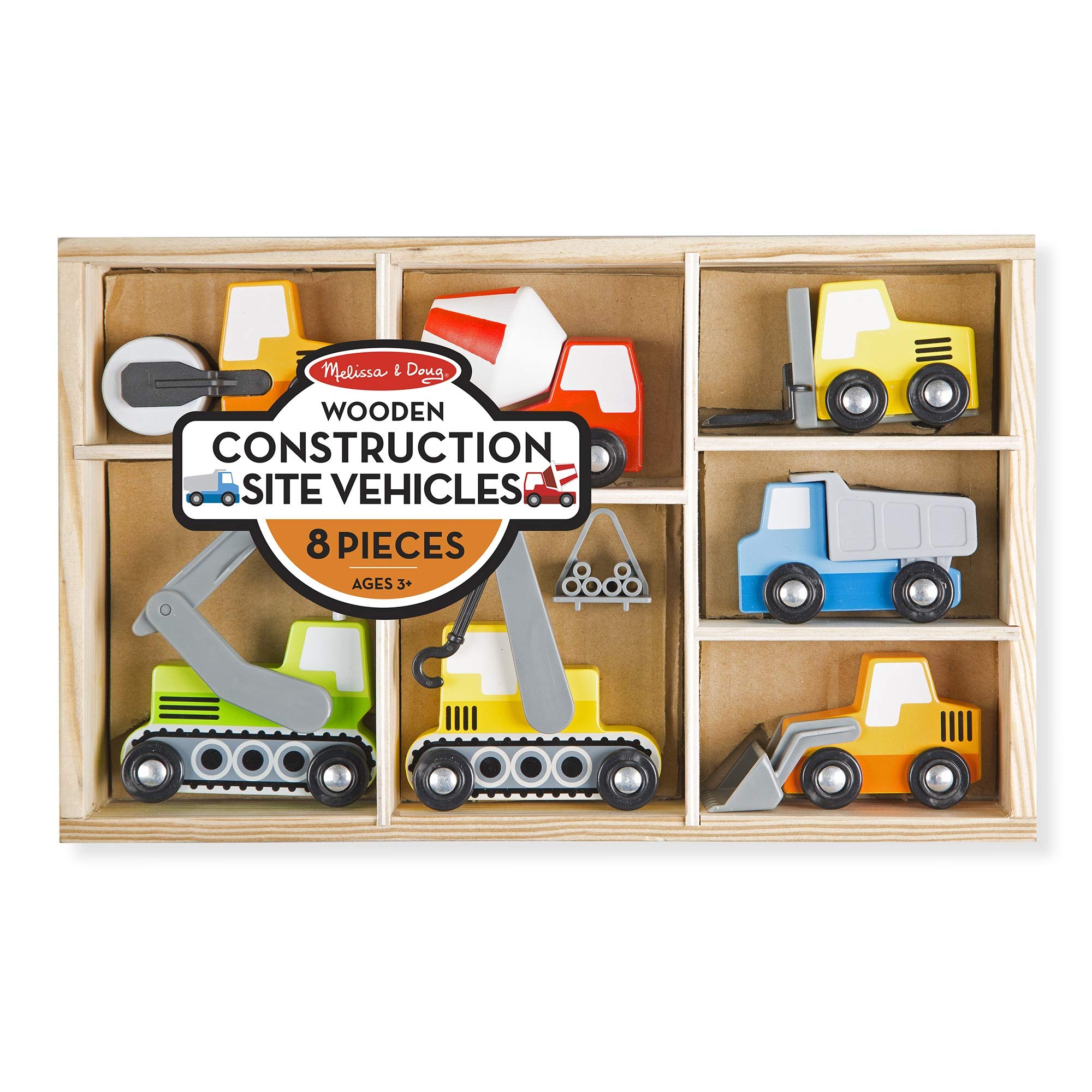 Melissa & Doug Wooden Construction Site Vehicles Set with Storage Tray - 8 Piece Kids Construction Toy Trucks & Cars for Toddlers Age 3+ | Pretend Play, Birthday Gifts, Early Learning Activities