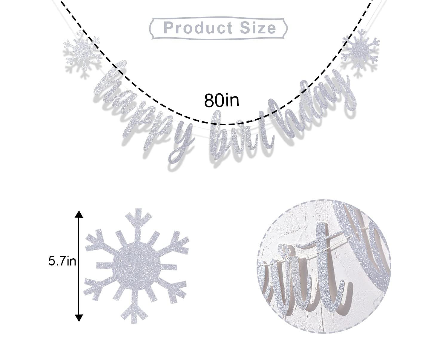 Silver Happy Birthday Banner - Snowflake Birthday Party Decoration, Glitter Bunting for Winter Wonderland Theme, Snowflake Garland for Birthday & Holiday Celebrations | Perfect for Winter Parties, Christmas Decor, and New Year Events