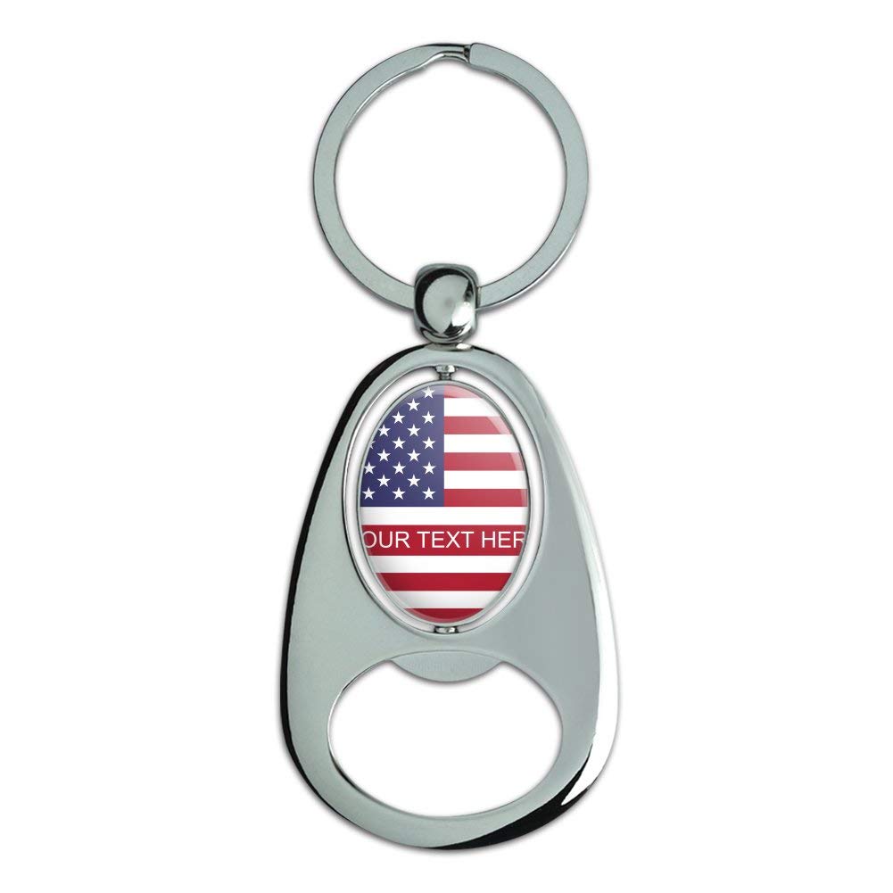 Custom USA Flag Personalized Chrome Metal Spinning Oval Keychain Bottle Opener - American Patriotic Gift for Men, Women, Camping, Tailgating & Home Decor