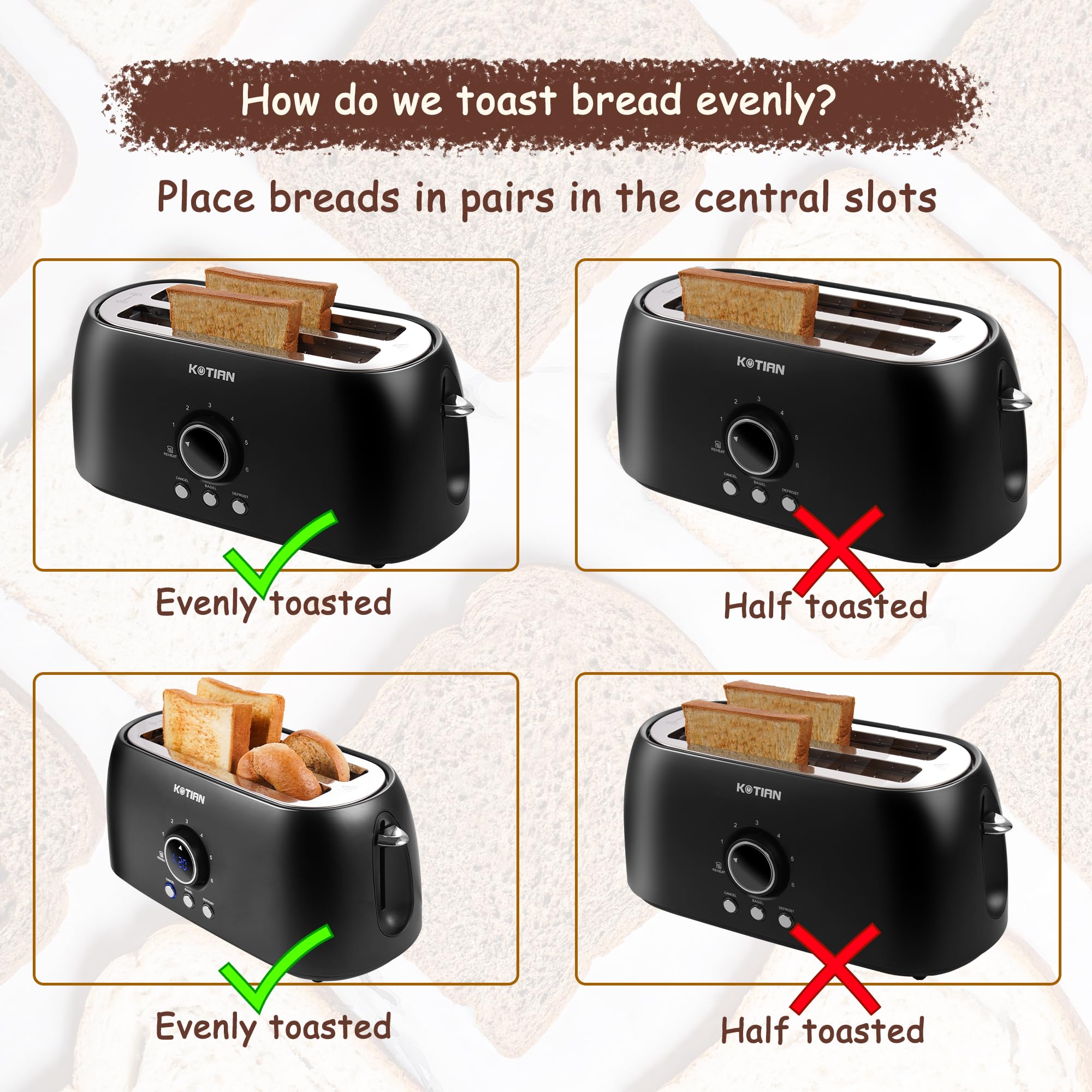 **KOTIAN 4-Slice Retro Toaster - Stainless Steel Long Slot Toaster with Countdown Timer, Bagel, Defrost & Reheat Functions - Extra Wide Slots, 6 Toast Settings, Removable Crumb Tray (Matte Black) - Perfect for Breakfast, Brunch & Small Kitchens**
