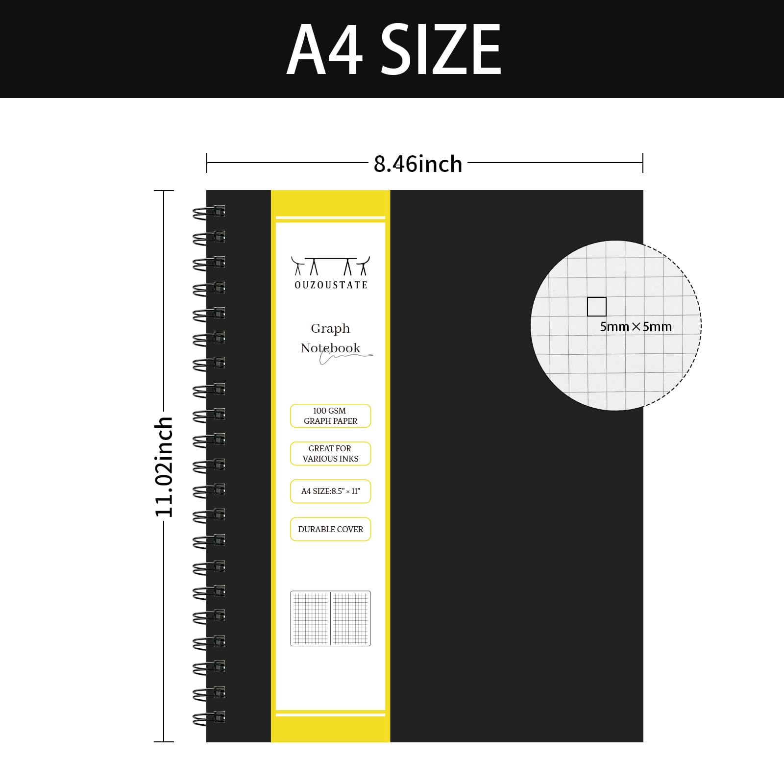 4 Pack Graph Paper Spiral Notebook - A4 Grid Journal 8.5