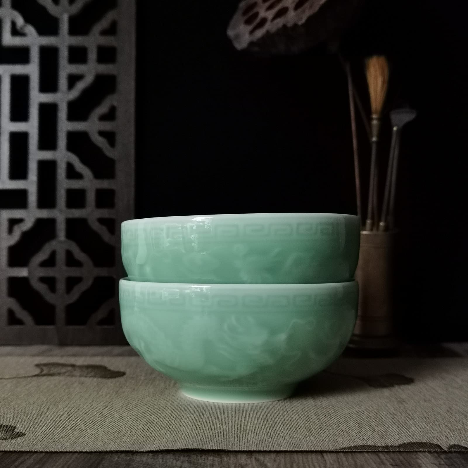 Premium Chinese Celadon 4.5-Inch Rice Bowls - Microwave & Dishwasher Safe - Exquisite Dragon & Phoenix Embossed Design - Perfect for Asian Cuisine, Home Dining & Gift Giving