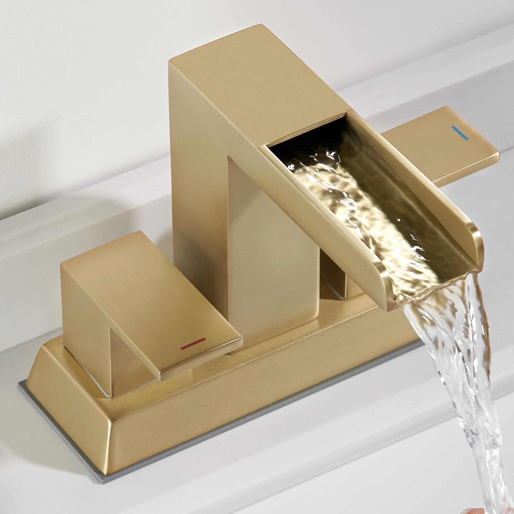 TONNY 4-Inch Centerset Bathroom Faucet - Waterfall Bathroom Sink Faucet with Pop Up Drain & Supply Lines - Brushed Gold Finish - Perfect for Modern Bathrooms & Vanities