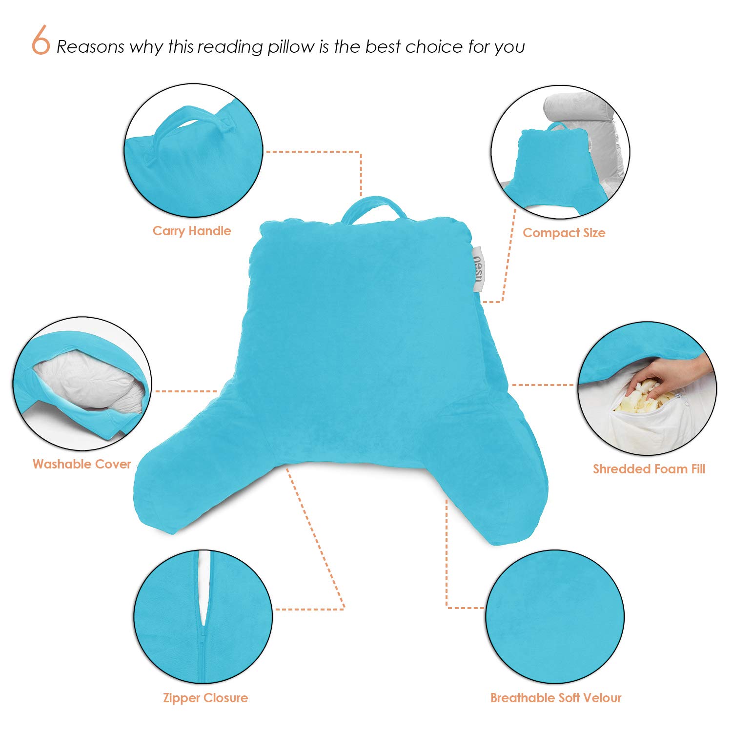 Nestl Reading Pillow with Shredded Memory Foam - Standard Size Back Support Pillow for Sitting in Bed, Reading, or Relaxing | Blue Bed Rest Pillow with Pockets | Perfect for Book Lovers, Nursing Mothers & Armchair Comfort