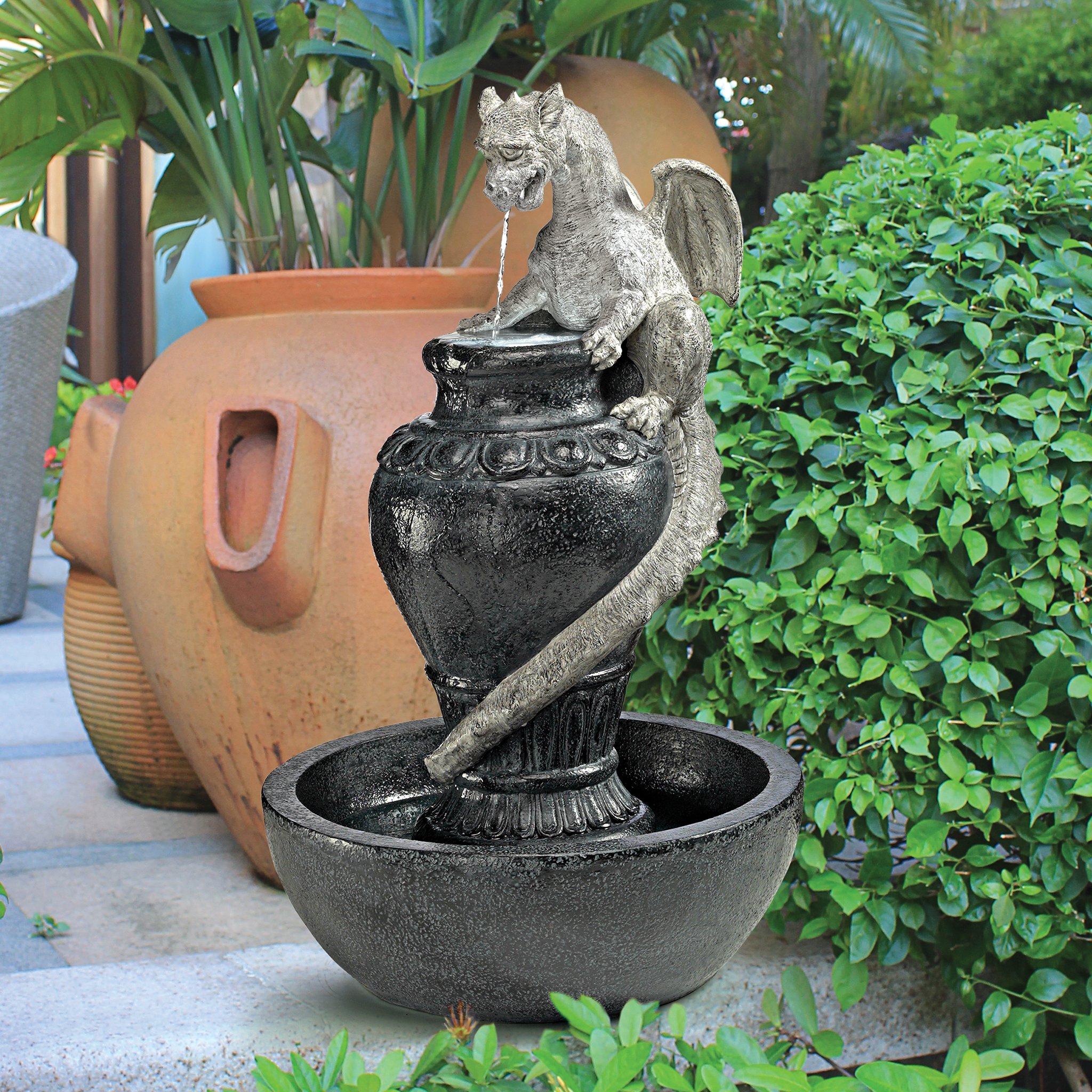 Design Toscano LED Illuminated Viper Dragon Water Fountain - Outdoor Garden Decor with Greystone Finish | Perfect for Patio, Backyard, and Landscape Accent