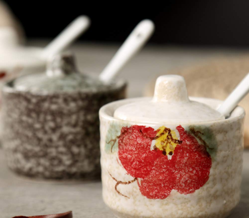 2-Pack Japanese Retro Ceramic Seasoning Jars with Lid & Spoon - Sugar & Salt Storage Containers for Kitchen, Dining Table, and Coffee Bar Decor