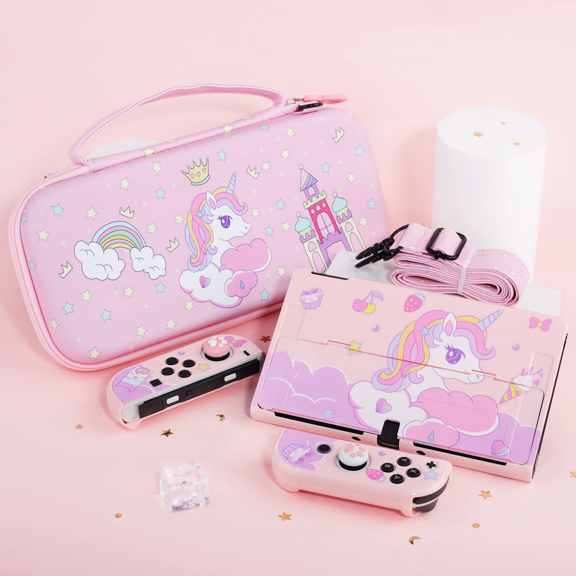 GLDRAM Nintendo Switch OLED Carrying Case - Pink Anime Design with Hard PC Shell, Screen Protector, Thumb Grips & Shoulder Strap | Travel Protection Bundle for Girls | Perfect for Gaming On-The-Go, Commuting & Travel Accessories