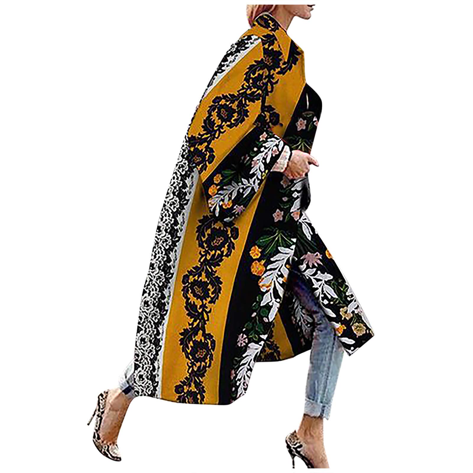 CSBYBD Women's Printed Long Trench Coat with Pockets - Stylish Outerwear Jacket Cardigan Overcoat (Black, XL) | Perfect for Office, Travel & Fall Fashion
