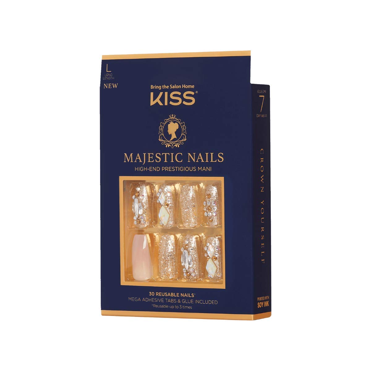 KISS Majestic Fake Nails - 'My Crown' Luxury Press-On Gel Nails Set | 30 Reusable Long Coffin Shaped Artificial Nails with Jewel Accents | Perfect for Parties, Weddings & Special Occasions