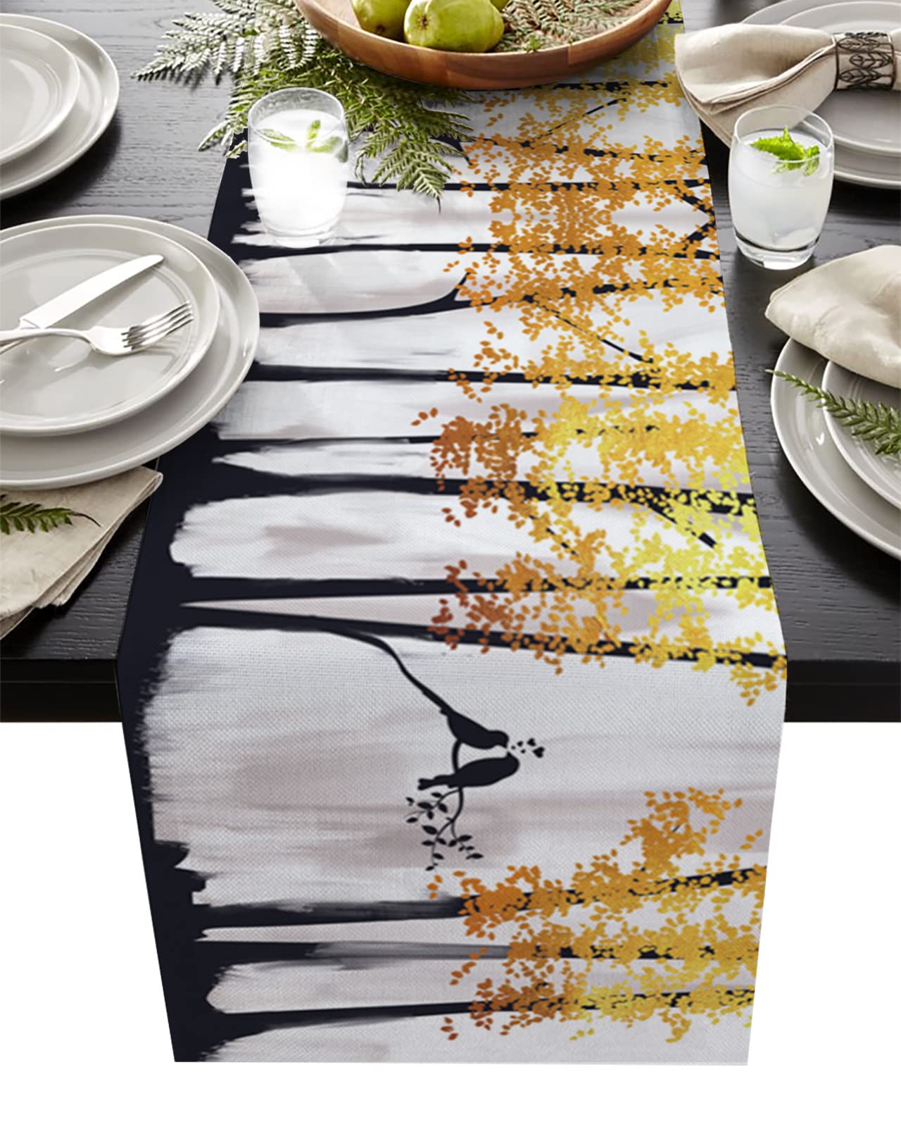 72 Inch Cotton Linen Table Runner - Yellow Fall Leaves & Forest Birds Abstract Art Farmhouse Decor for Dining Table, Coffee Table, Wedding & Banquet | Kitchen, Dresser & Home Decoration Accessory