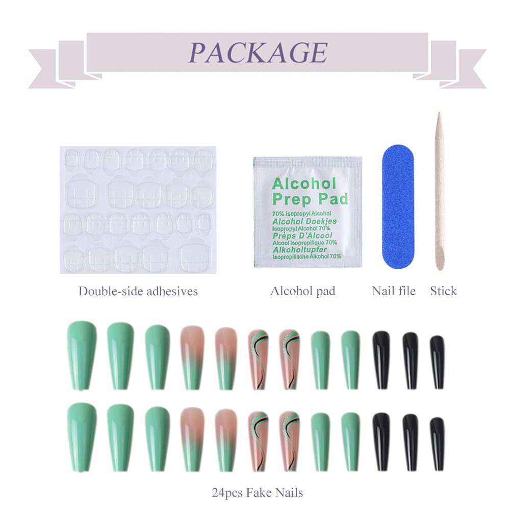 BABALAL Glossy Press on Nails - Long Ballerina Full Cover Tips with Swirl UV Gel Design, Abstract Nail Art for Women & Girls | Perfect for Parties, Weddings, and Special Occasions