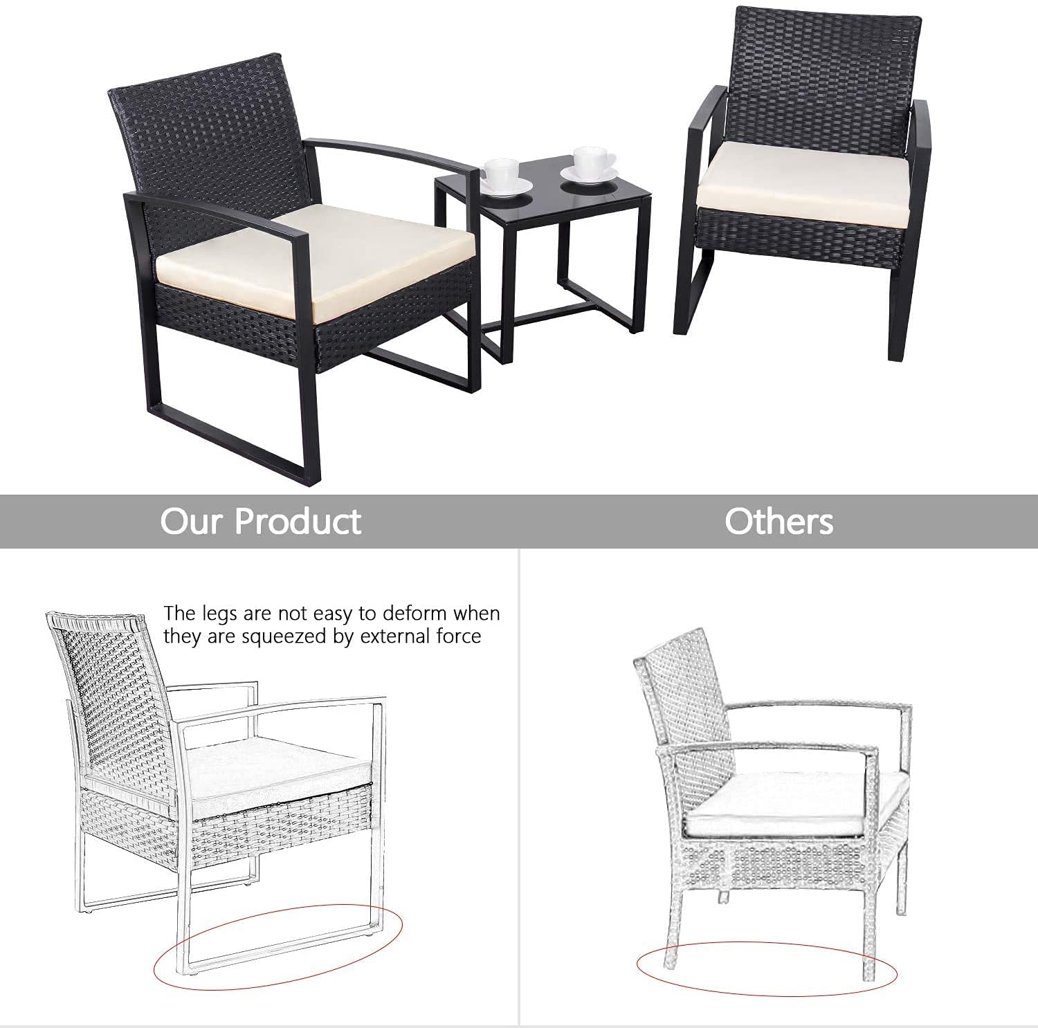 3-Piece Modern Bistro Set - All-Weather Rattan Patio Conversation Set with Coffee Table for Porch, Balcony, Backyard & Garden Outdoor Furniture (Black & White) - Perfect for Relaxing, Entertaining & Small Space Decor