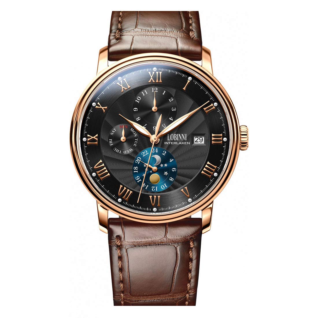 LOBINNI Men's Automatic Luxury Dress Watch - Self-Winding Mechanical Movement, 50m Waterproof, Date/Month/Week/24H Display - Perfect for Business, Formal Events & Everyday Wear
