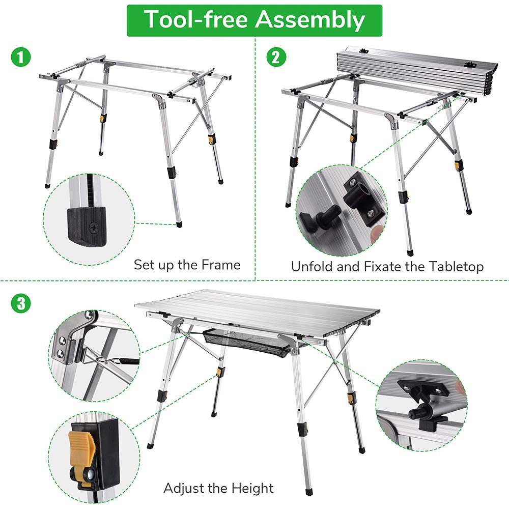 TheLAShop Portable Aluminum Folding Camping Table - Adjustable Height, Lightweight Roll-Up Design for Outdoor Picnics, Beach Trips & Tailgating Parties