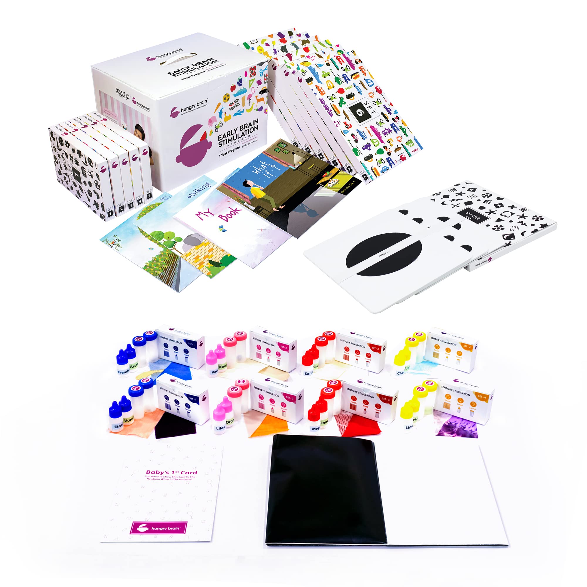 Hungry Brain 1 Year Program for Newborn Babies - 240 Black & White Learning Flash Cards, 120 Word Cards, 128 Thinking Stimulation Cards, 4 Story Books - Visual Stimulation & Early Education for Toddlers - Perfect for Baby Shower Gifts & Montessori Learning at Home